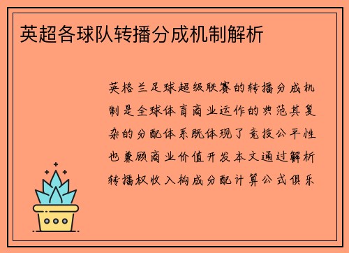 英超各球队转播分成机制解析