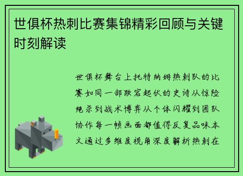 世俱杯热刺比赛集锦精彩回顾与关键时刻解读