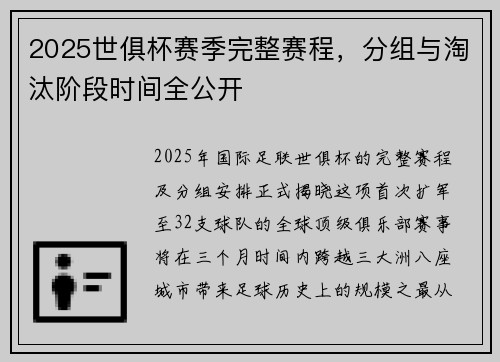 2025世俱杯赛季完整赛程，分组与淘汰阶段时间全公开